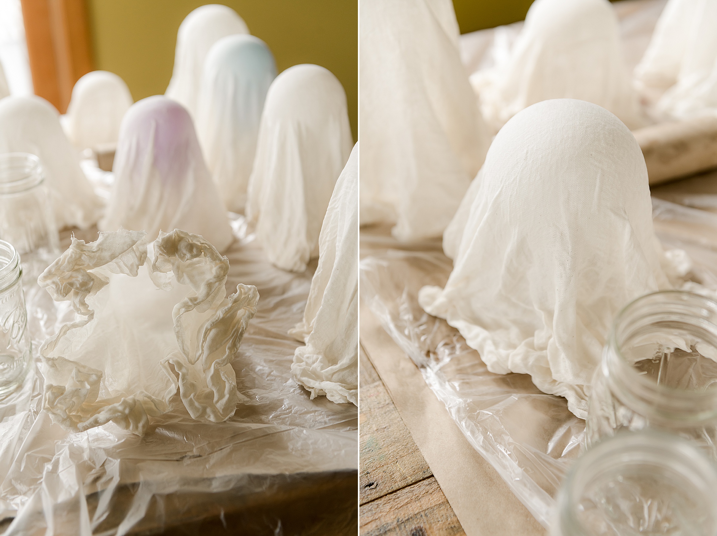 How to make cheesecloth ghosts, cheesecloth ghost DIY, how to make cheesecloth ghosts with glue, glue to make cheesecloth ghosts, handmade cheesecloth ghosts