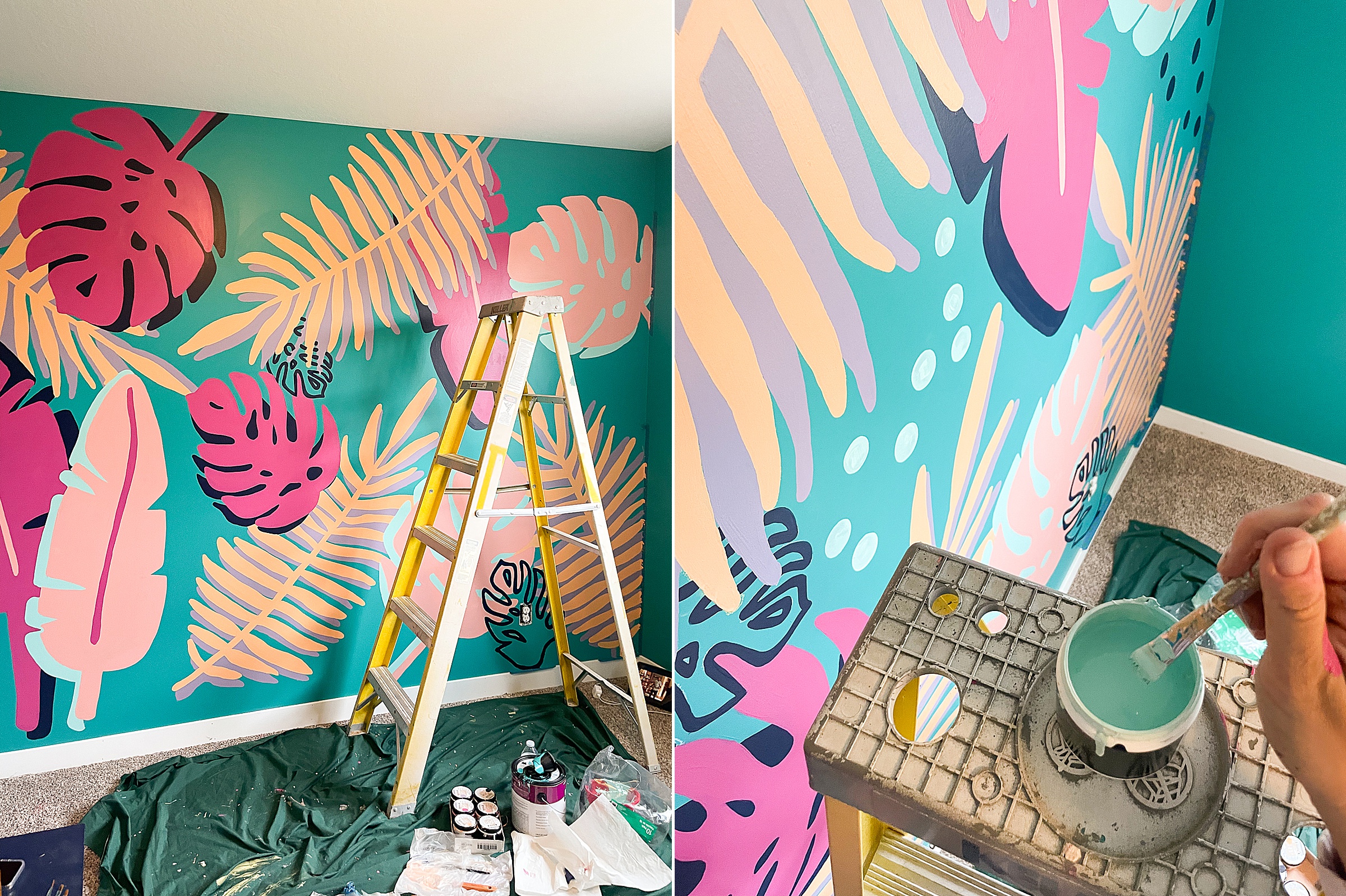 Tropical wall mural, painted wall mural, tropical wall mural, tropical painted mural, office mural ideas, colorful office ideas, colorful at home office
