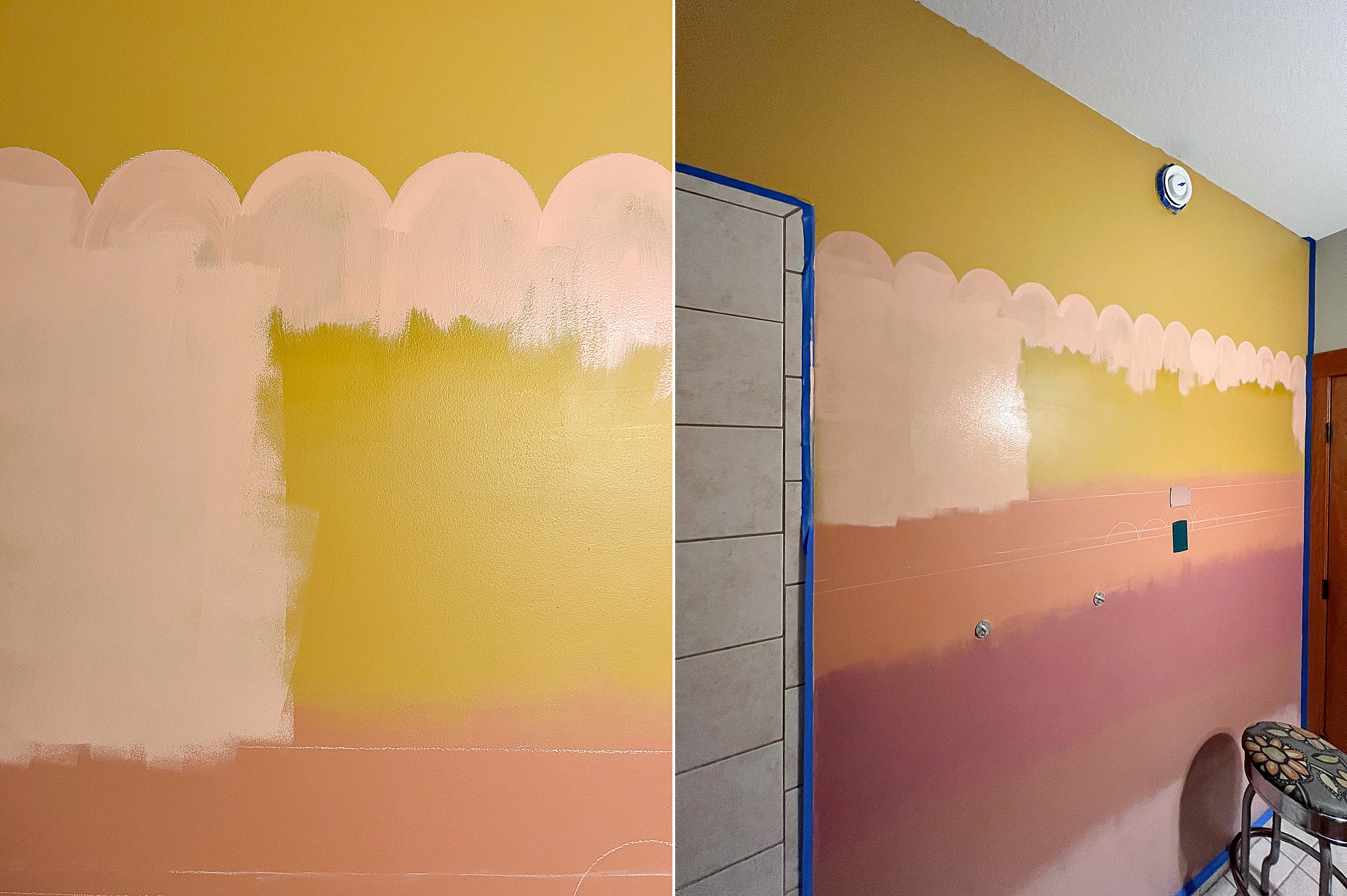 Scalloped wall painting DIY, how to paint easy scallops on the walls, how to paint scallops, bathroom mural ideas, how to paint a bathroom mural