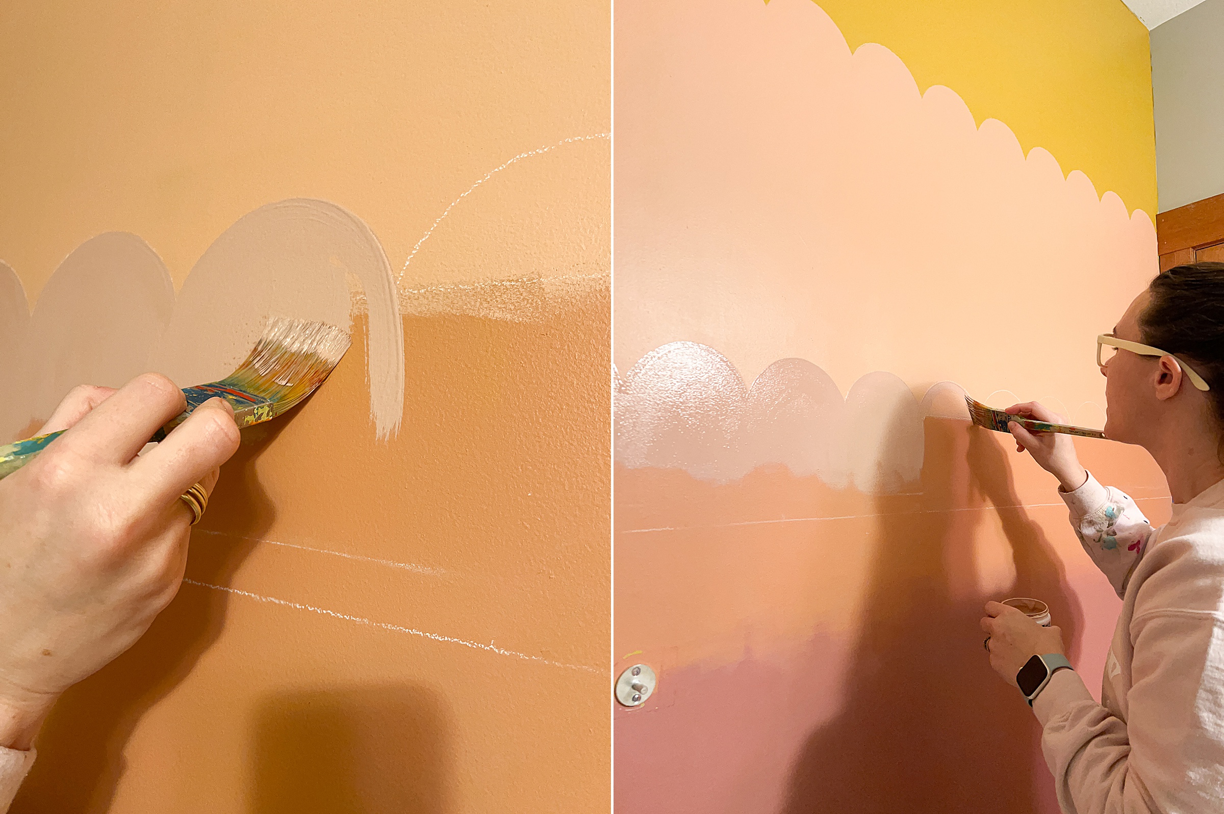 Scalloped wall painting DIY, how to paint easy scallops on the walls, how to paint scallops, bathroom mural ideas, how to paint a bathroom mural