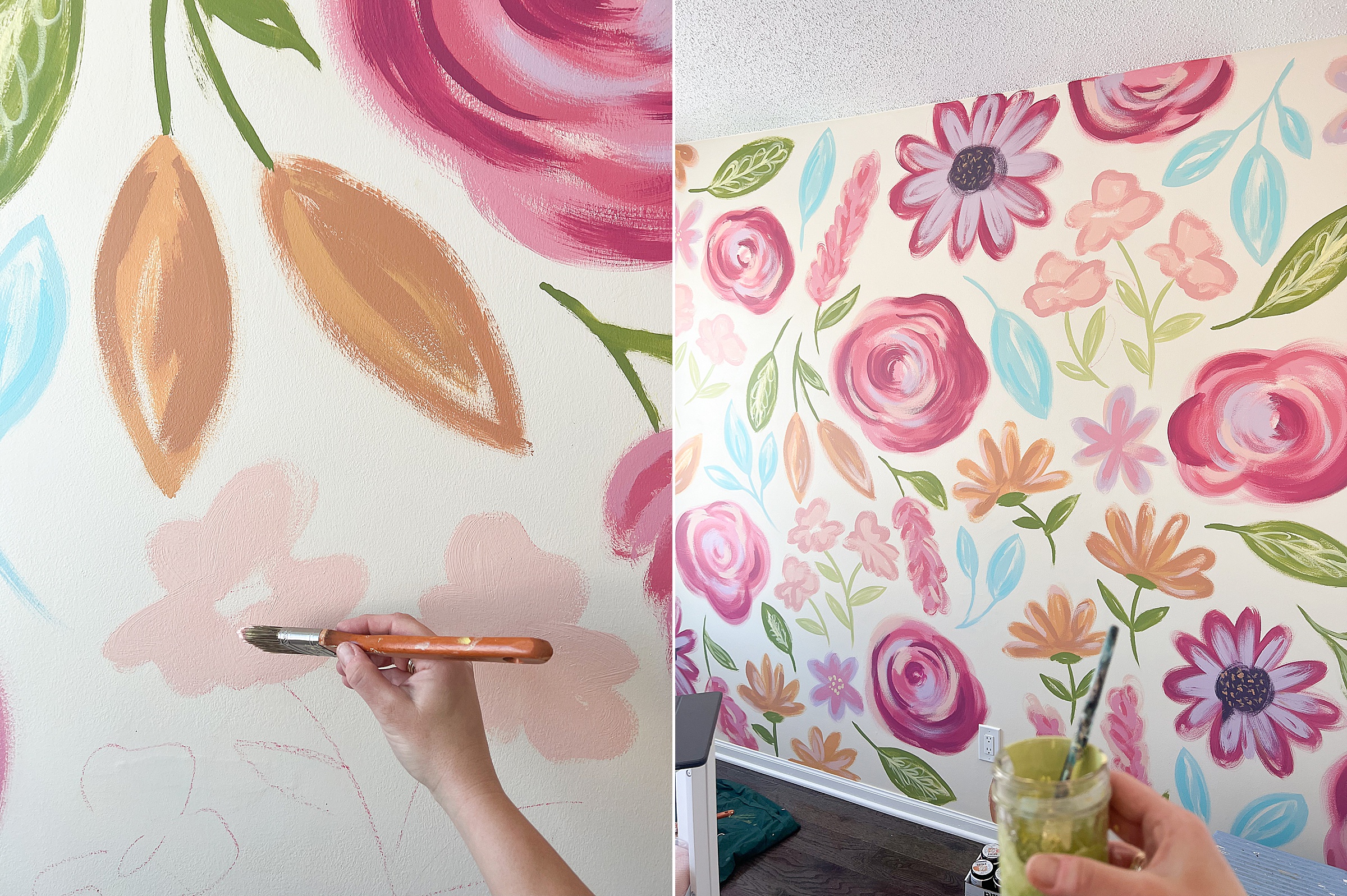 Floral wall mural, floral nursery mural, nursery room decor, painted floral mural, painted wall mural, floral wall mural baby room, baby room decor floral