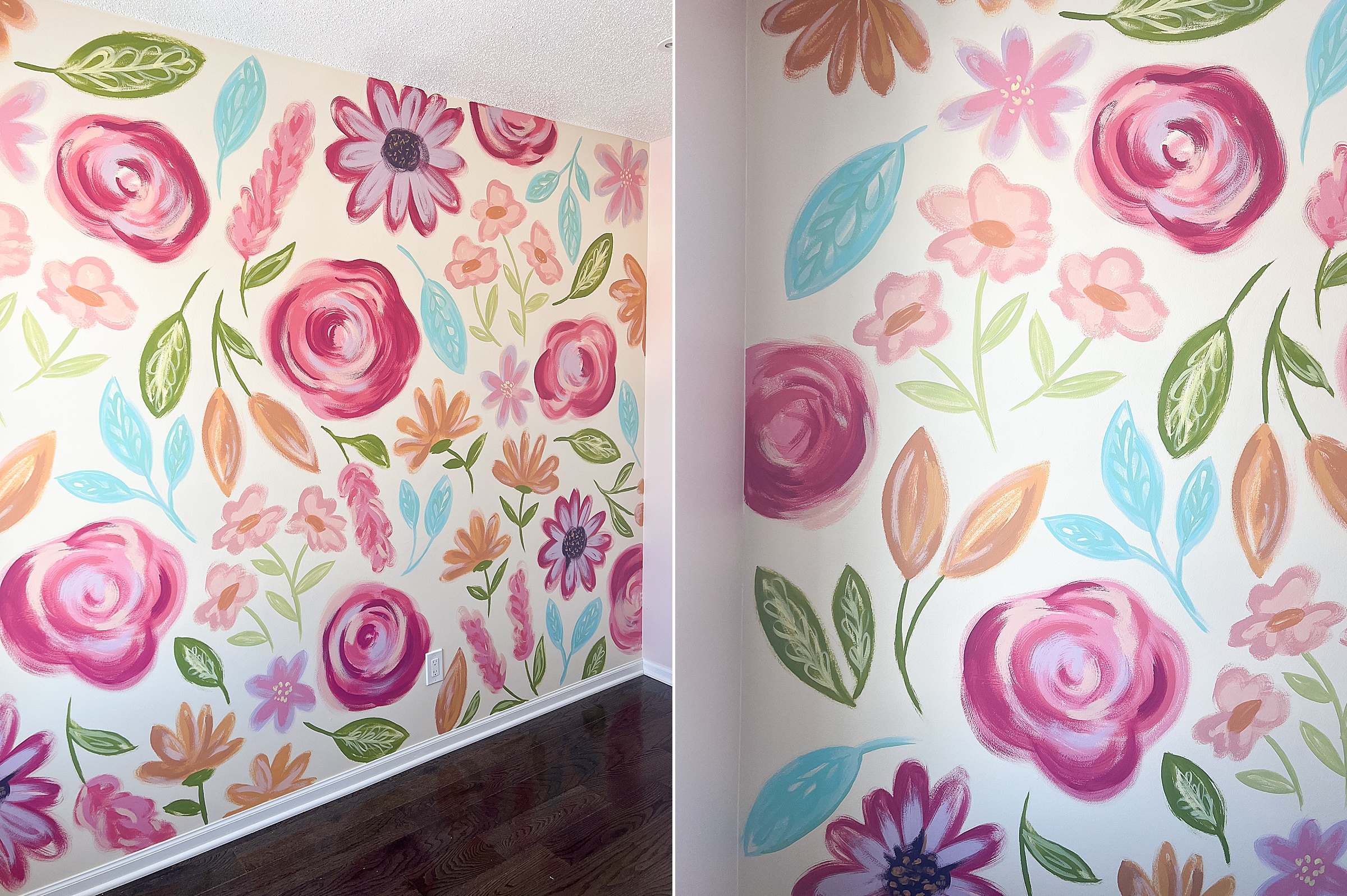 Floral wall mural, floral nursery mural, nursery room decor, painted floral mural, painted wall mural, floral wall mural baby room, baby room decor floral