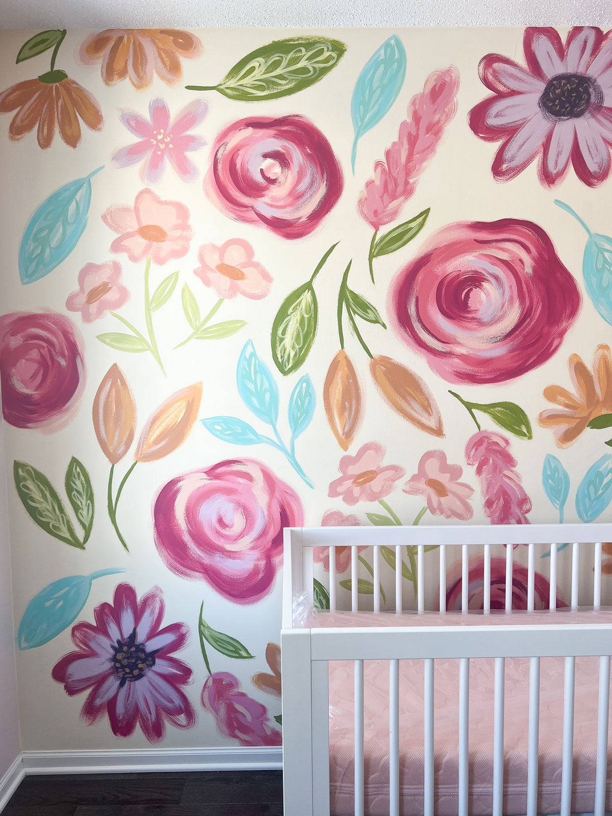 Floral wall mural, floral nursery mural, nursery room decor, painted floral mural, painted wall mural, floral wall mural baby room, baby room decor floral