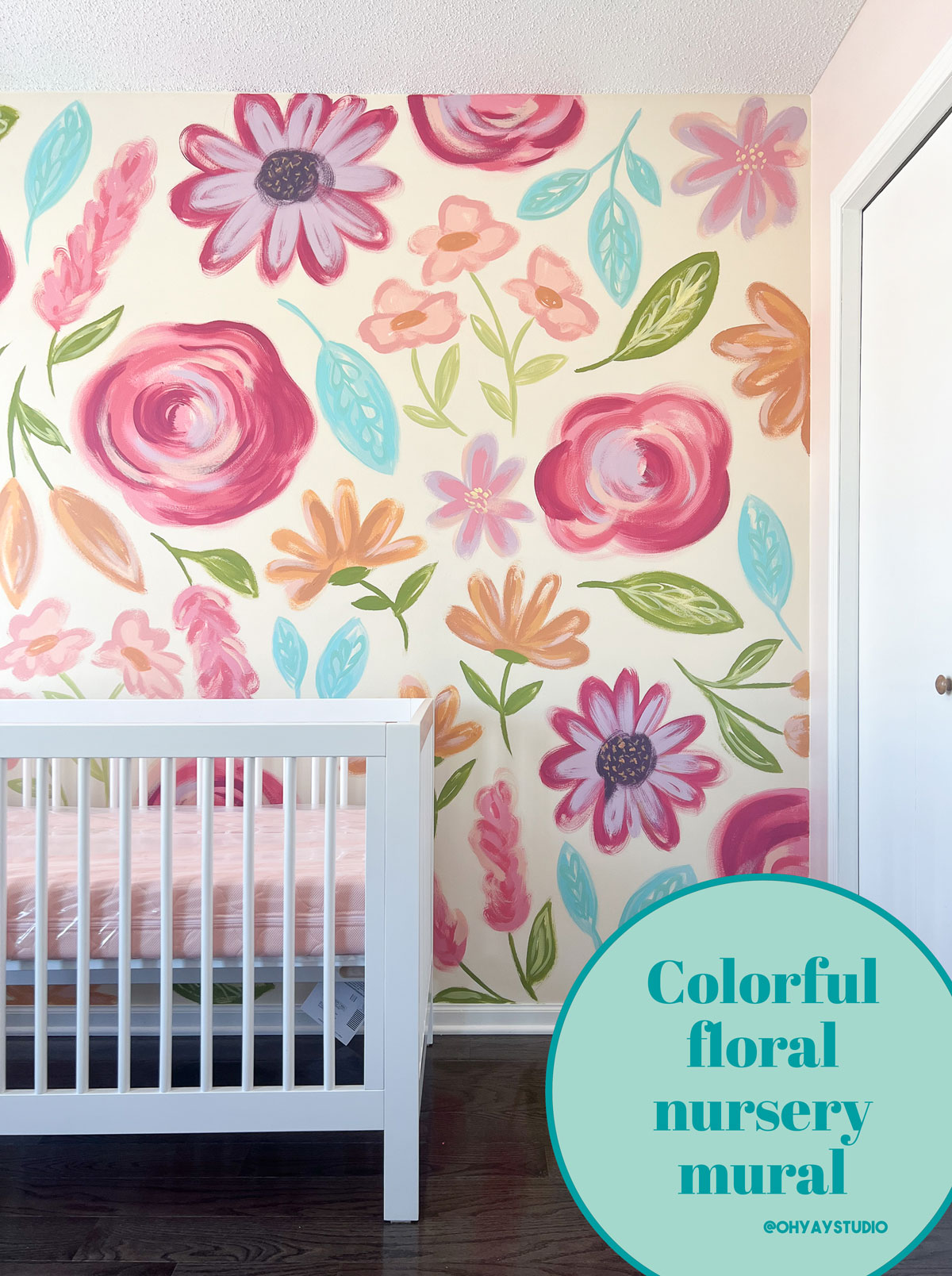 Floral wall mural, floral nursery mural, nursery room decor, painted floral mural, painted wall mural, floral wall mural baby room, baby room decor floral