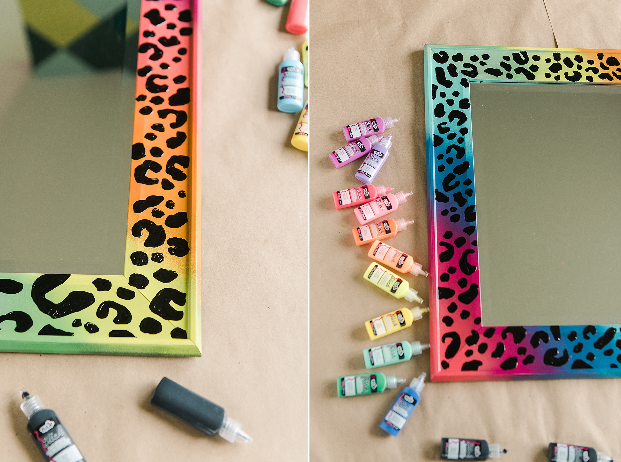 Lisa Frank inspired painting, Lisa Frank inspired DIY, colorful leopard print painting, Leopard print painted mirror, 90s decor ideas, 90s decor