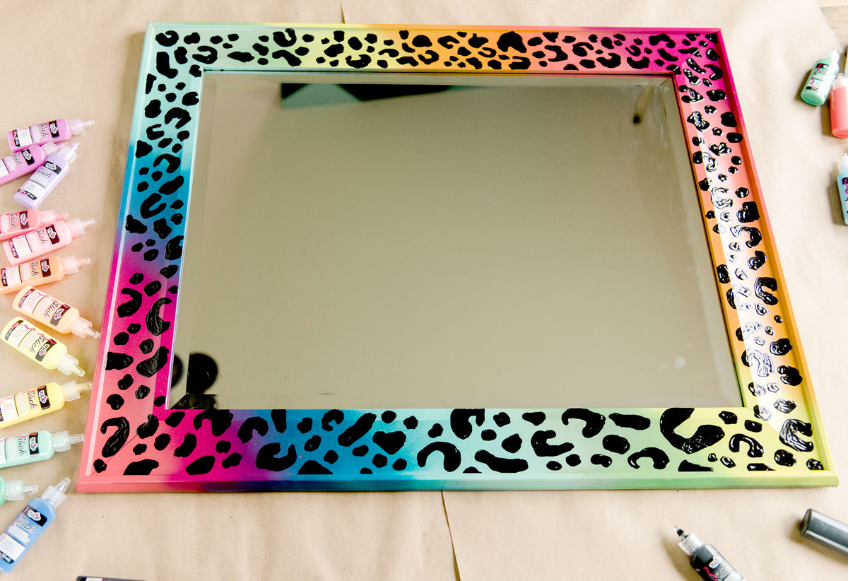 Lisa Frank inspired painting, Lisa Frank inspired DIY, colorful leopard print painting, Leopard print painted mirror, 90s decor ideas, 90s decor