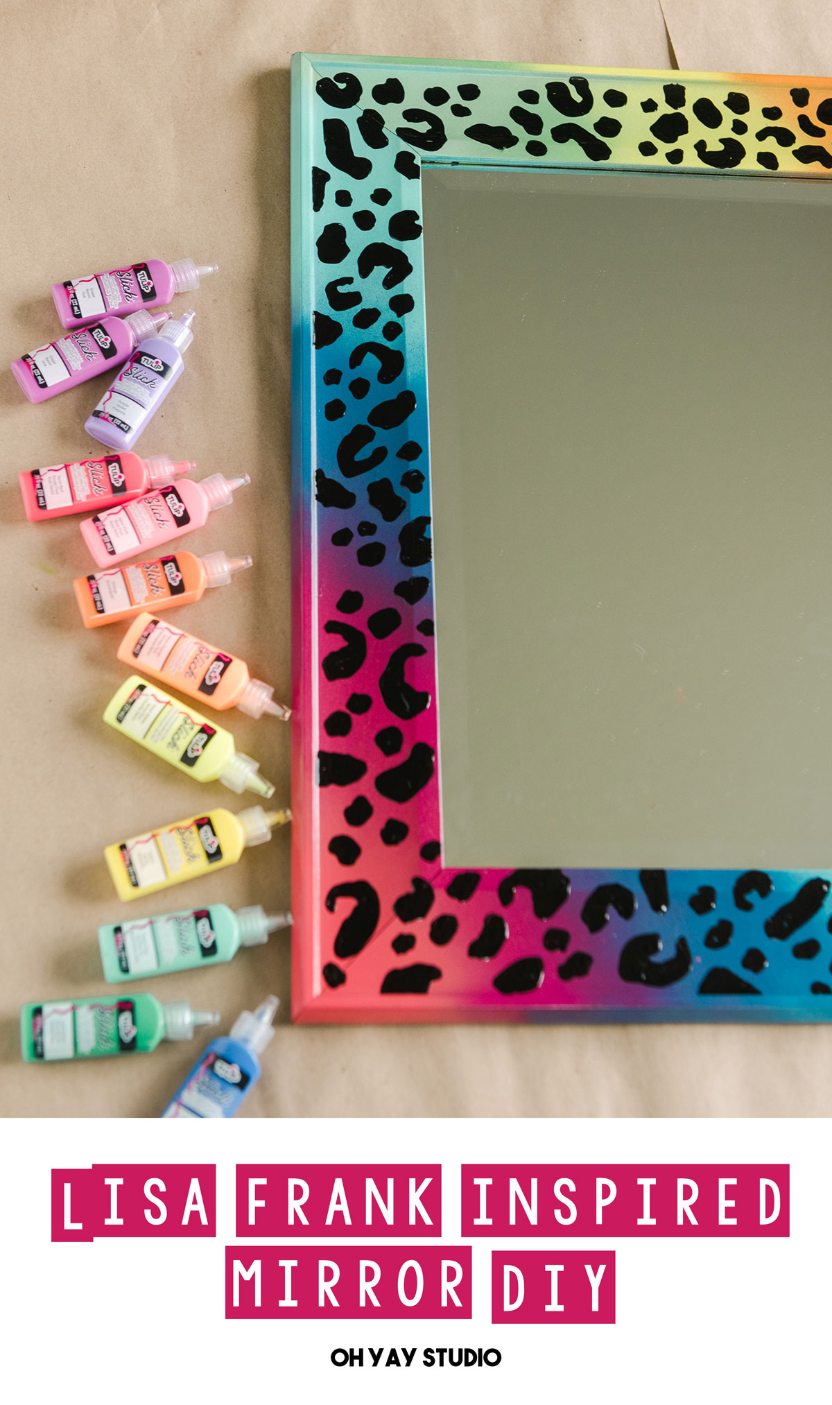 Lisa Frank inspired painting, Lisa Frank inspired DIY, colorful leopard print painting, Leopard print painted mirror, 90s decor ideas, 90s decor