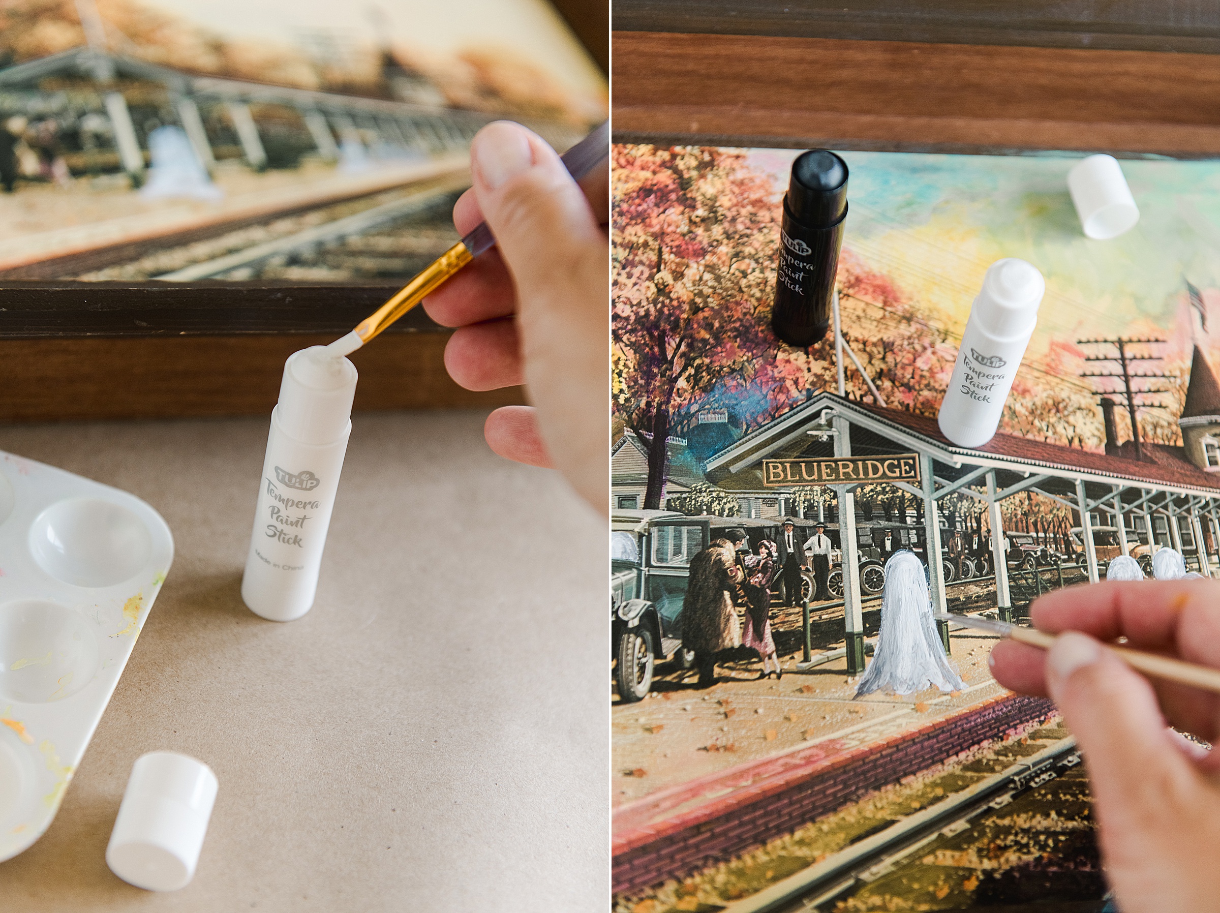 How to paint ghosts into a painting, thrifted ghost painting, viral painting ideas, how to upcycle a painting, thrifted painting redone, tulip tempera paint sticks, tulip painting ideas, halloween decor, halloween decor ideas