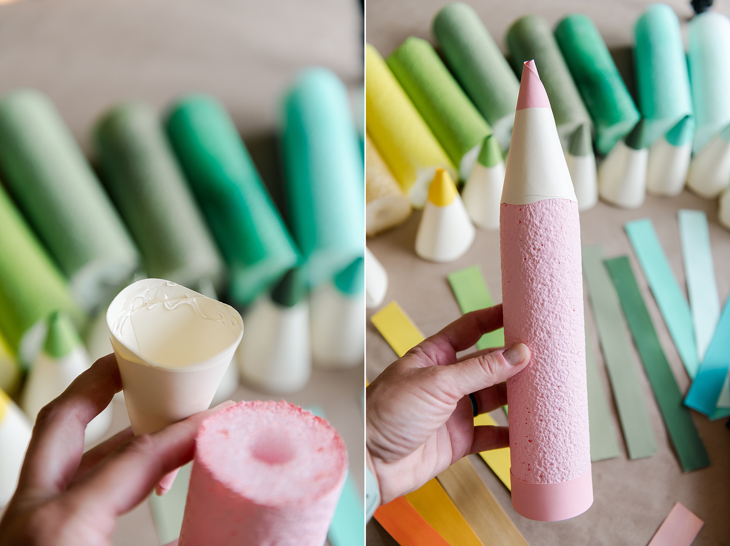 How to make colored pencils from pool noodles, pool noodle crafts, teacher decor, classroom decor ideas, how to make pencils from pool noodles