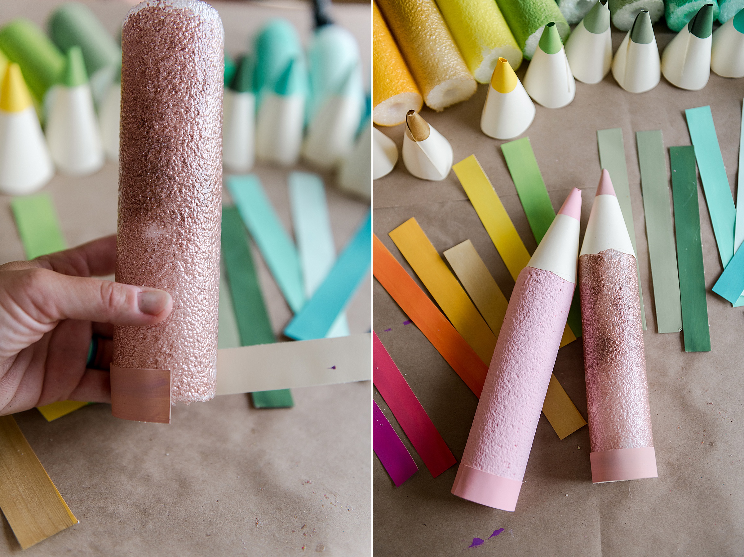 How to make colored pencils from pool noodles, pool noodle crafts, teacher decor, classroom decor ideas, how to make pencils from pool noodles