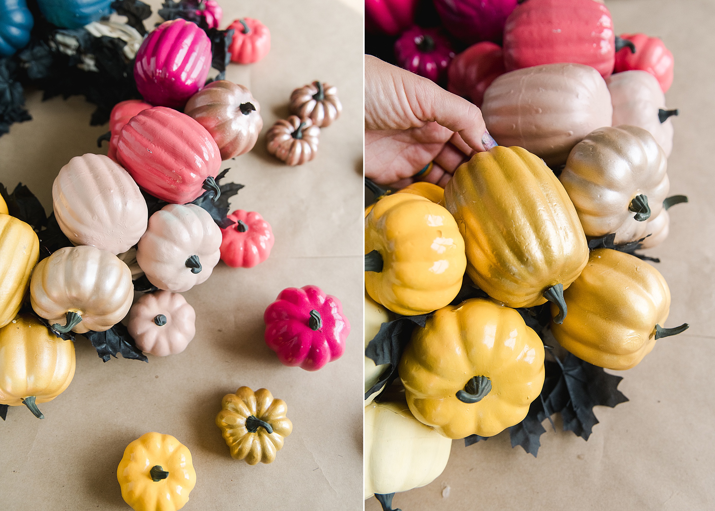 Colorful Halloween decor, Colorful fall decor, Colorful pumpkin wreath, pumpkin wreath DIY, how to make a fall wreath