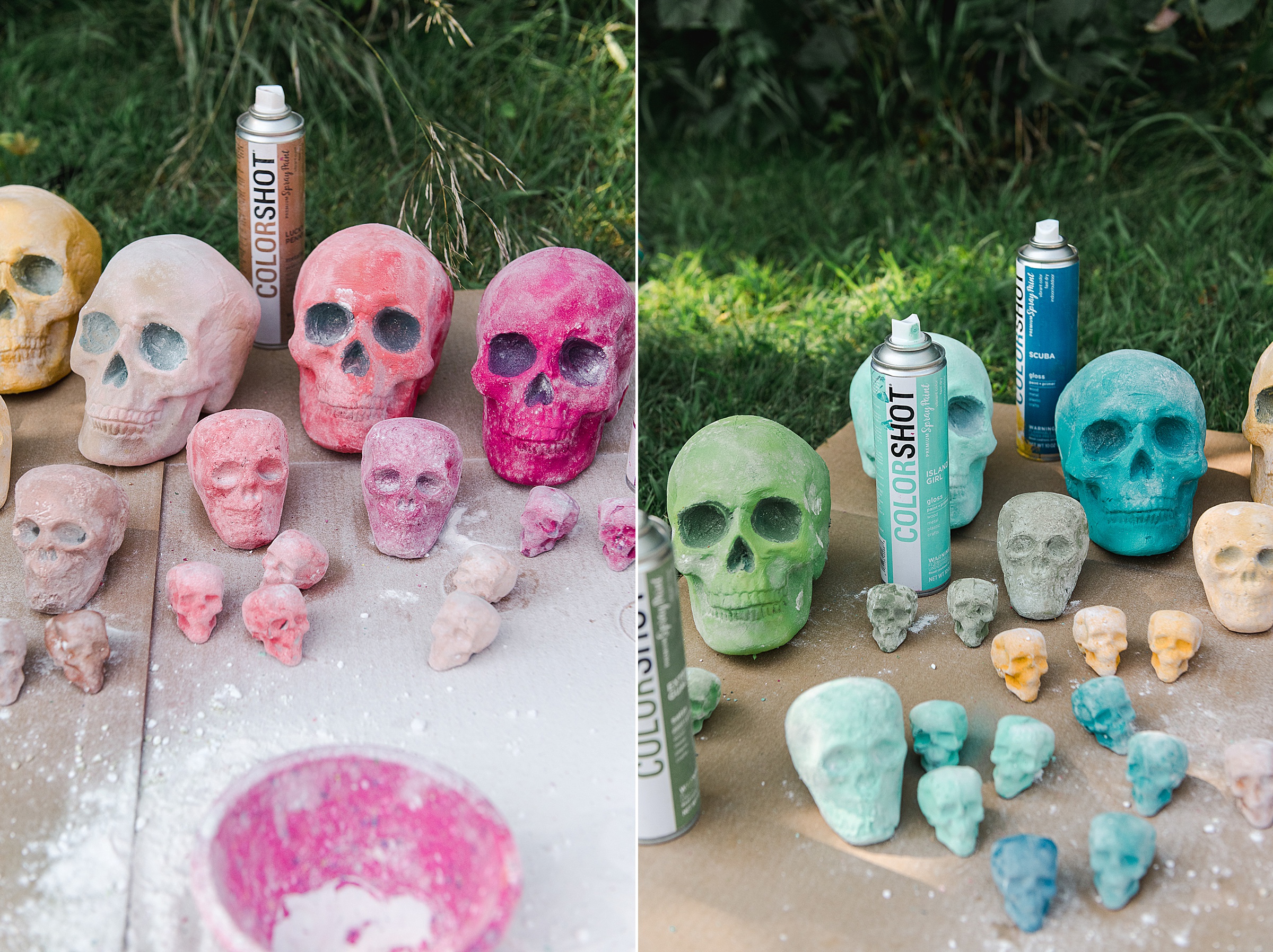 Colorful Halloween skulls, how to do faux flocking, painting with baking soda, faux flocked Halloween decor, flocked halloween decor, colorful halloween decor, colorful fall decor