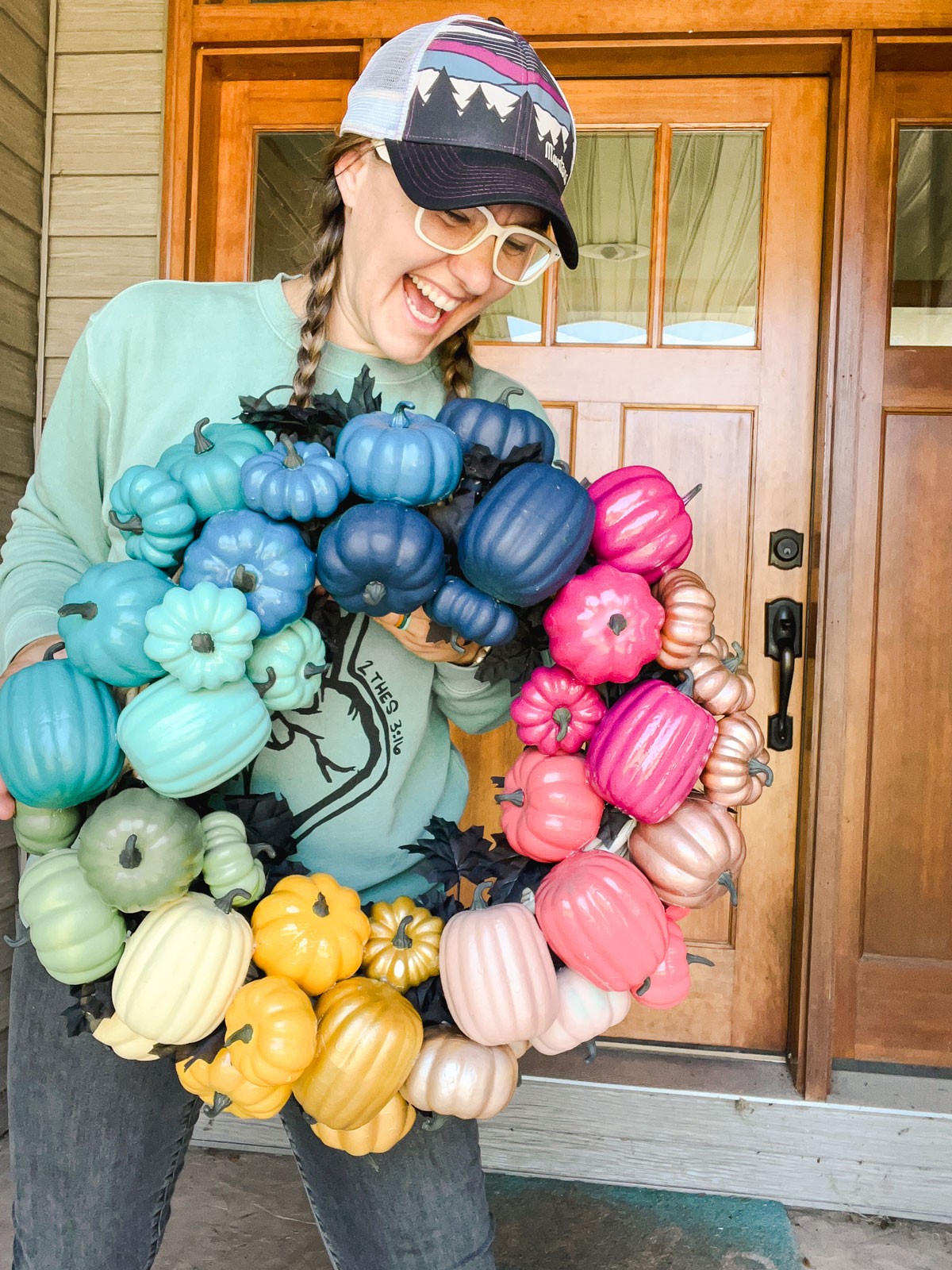 Colorful Halloween decor, Colorful fall decor, Colorful pumpkin wreath, pumpkin wreath DIY, how to make a fall wreath