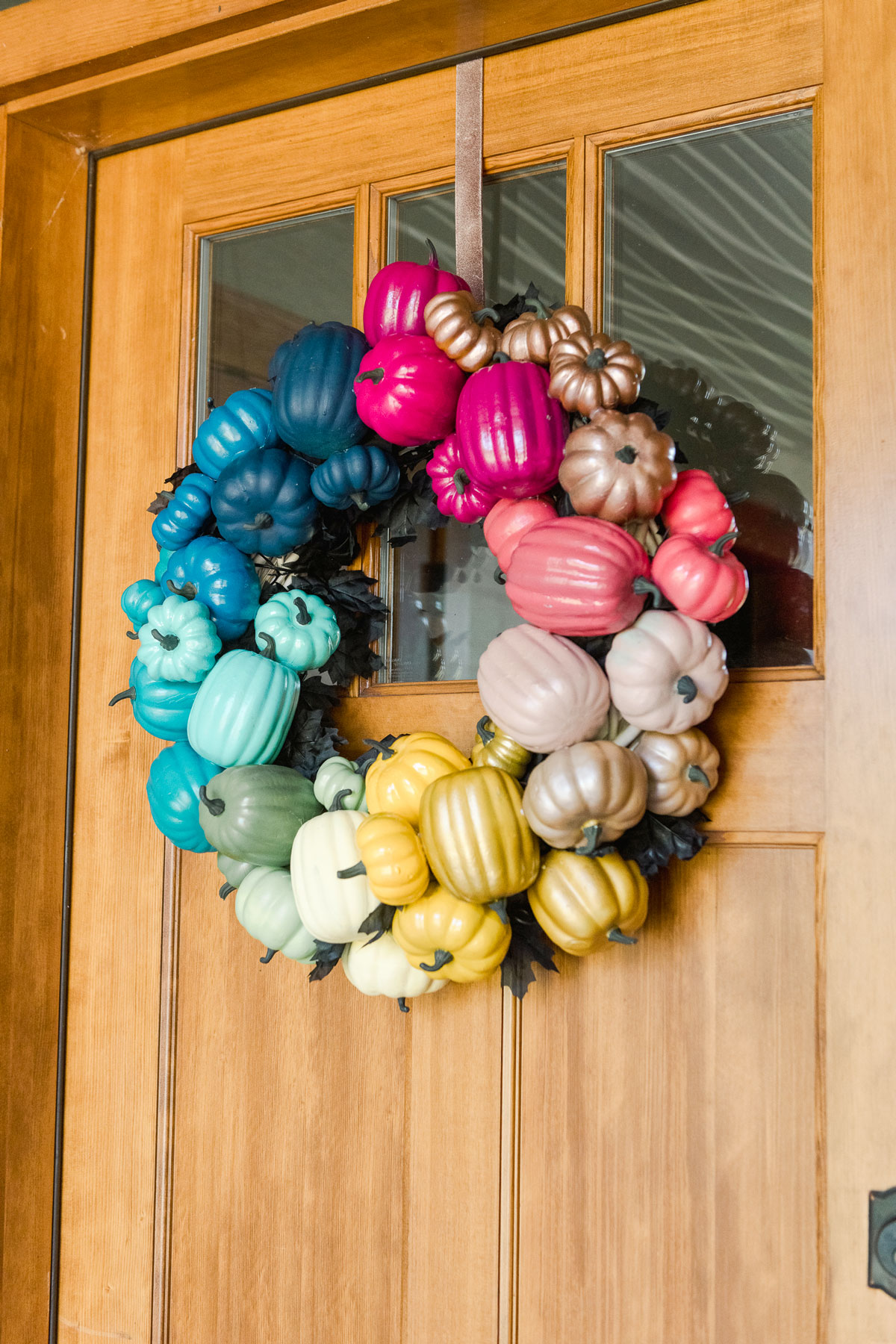 Colorful Halloween decor, Colorful fall decor, Colorful pumpkin wreath, pumpkin wreath DIY, how to make a fall wreath