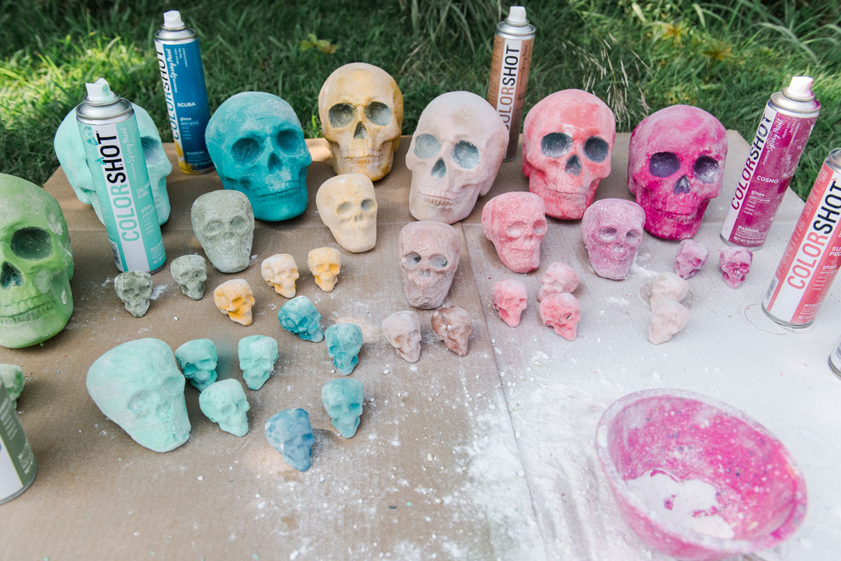 Colorful Halloween skulls, how to do faux flocking, painting with baking soda, faux flocked Halloween decor, flocked halloween decor, colorful halloween decor, colorful fall decor