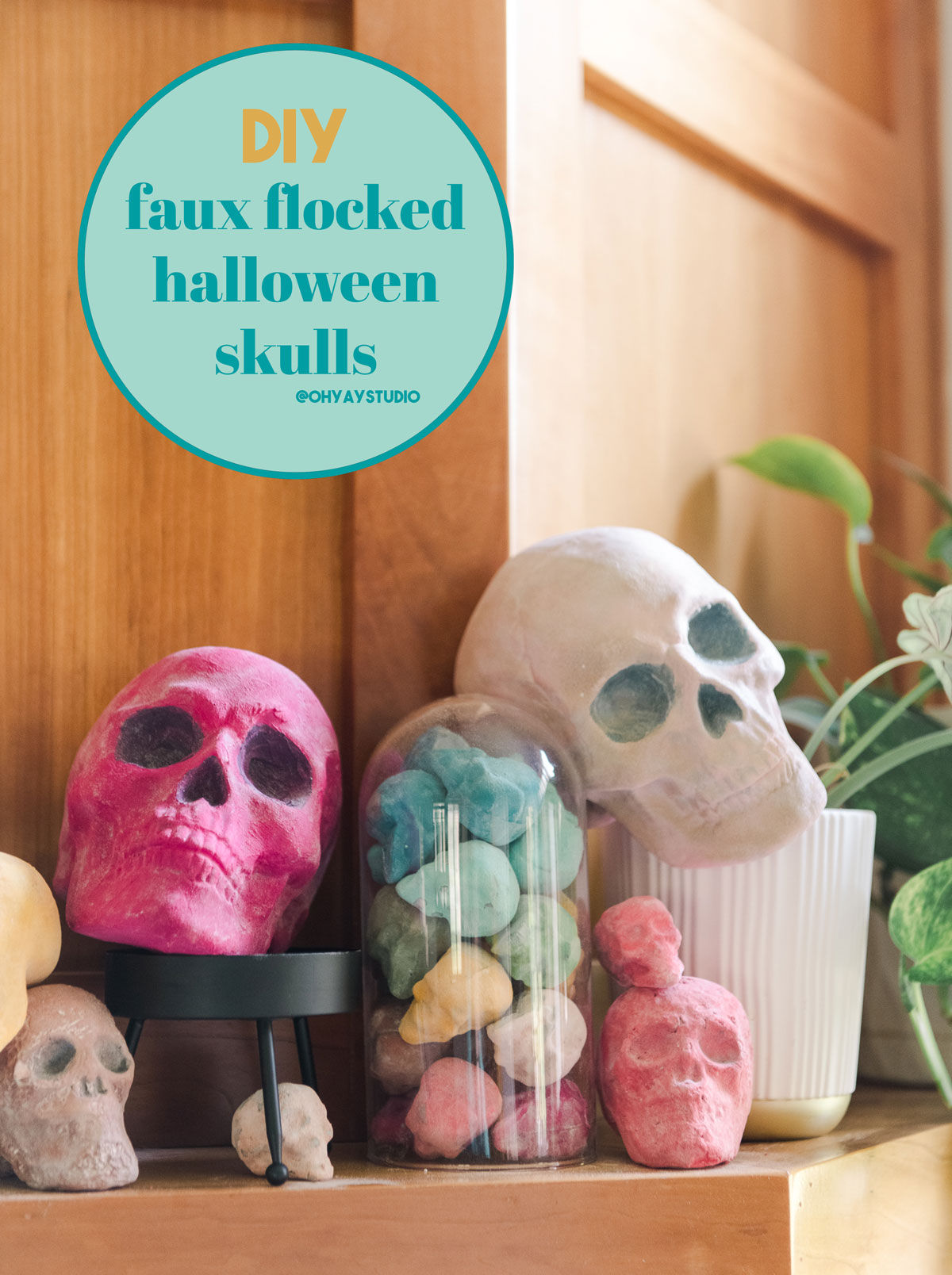 Colorful Halloween skulls, how to do faux flocking, painting with baking soda, faux flocked Halloween decor, flocked halloween decor, colorful halloween decor, colorful fall decor