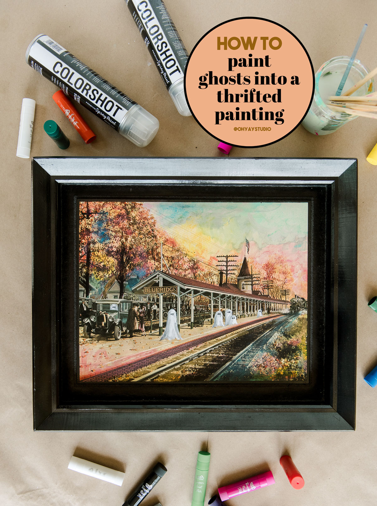 How to paint ghosts into a painting, thrifted ghost painting, viral painting ideas, how to upcycle a painting, thrifted painting redone, tulip tempera paint sticks, tulip painting ideas, halloween decor, halloween decor ideas