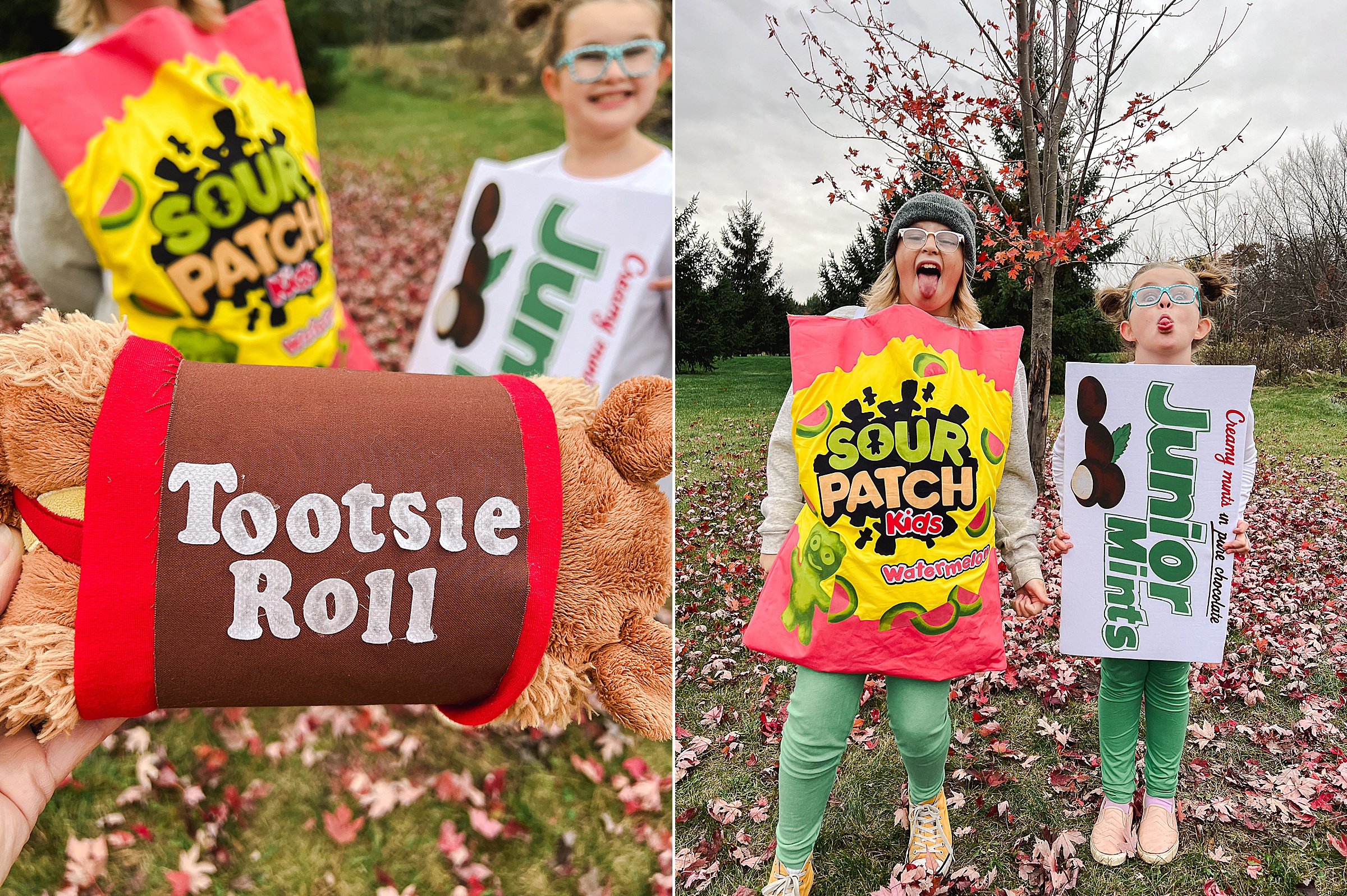 Candy Halloween costumes, Family Halloween costume idea, Milk Duds Halloween costume, Junior Mint Halloween costume, Sour Patch kid Halloween costume, Pearsons nut roll halloween costume DIY