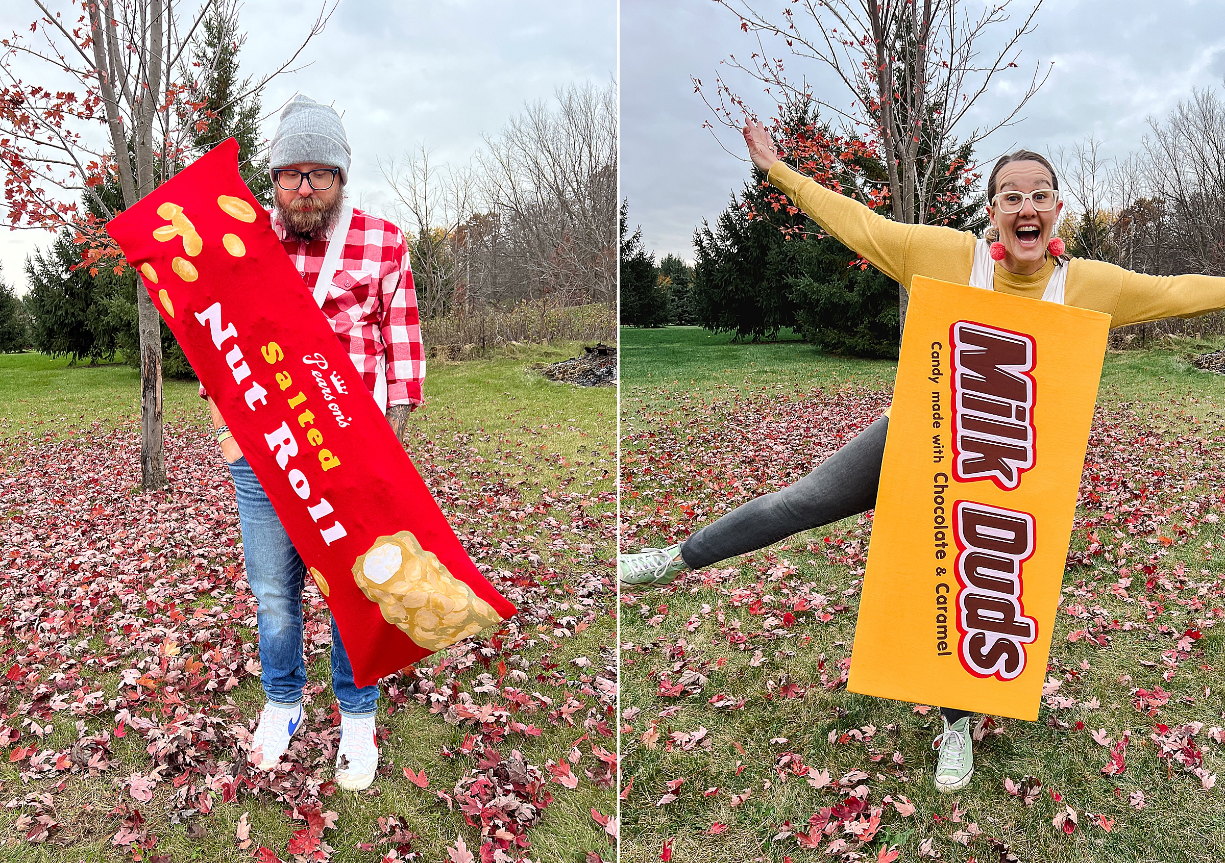 Candy Halloween costumes, Family Halloween costume idea, Milk Duds Halloween costume, Junior Mint Halloween costume, Sour Patch kid Halloween costume, Pearsons nut roll halloween costume DIY