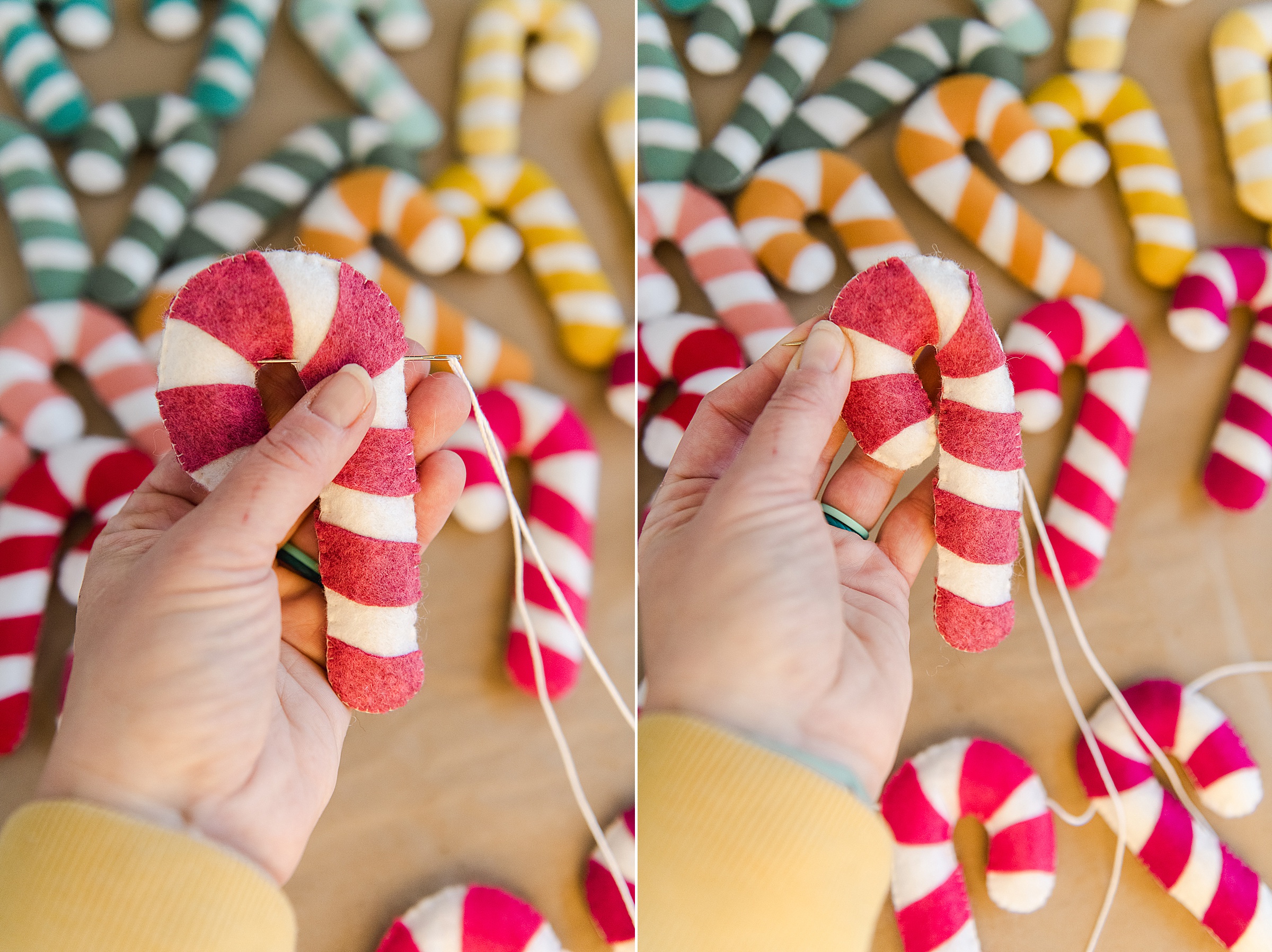 Felt christmas garland DIY, felt candy cane garland DIY, candy cane garland, how to make a felt garland, colorful christmas decor, handmade christmas decor