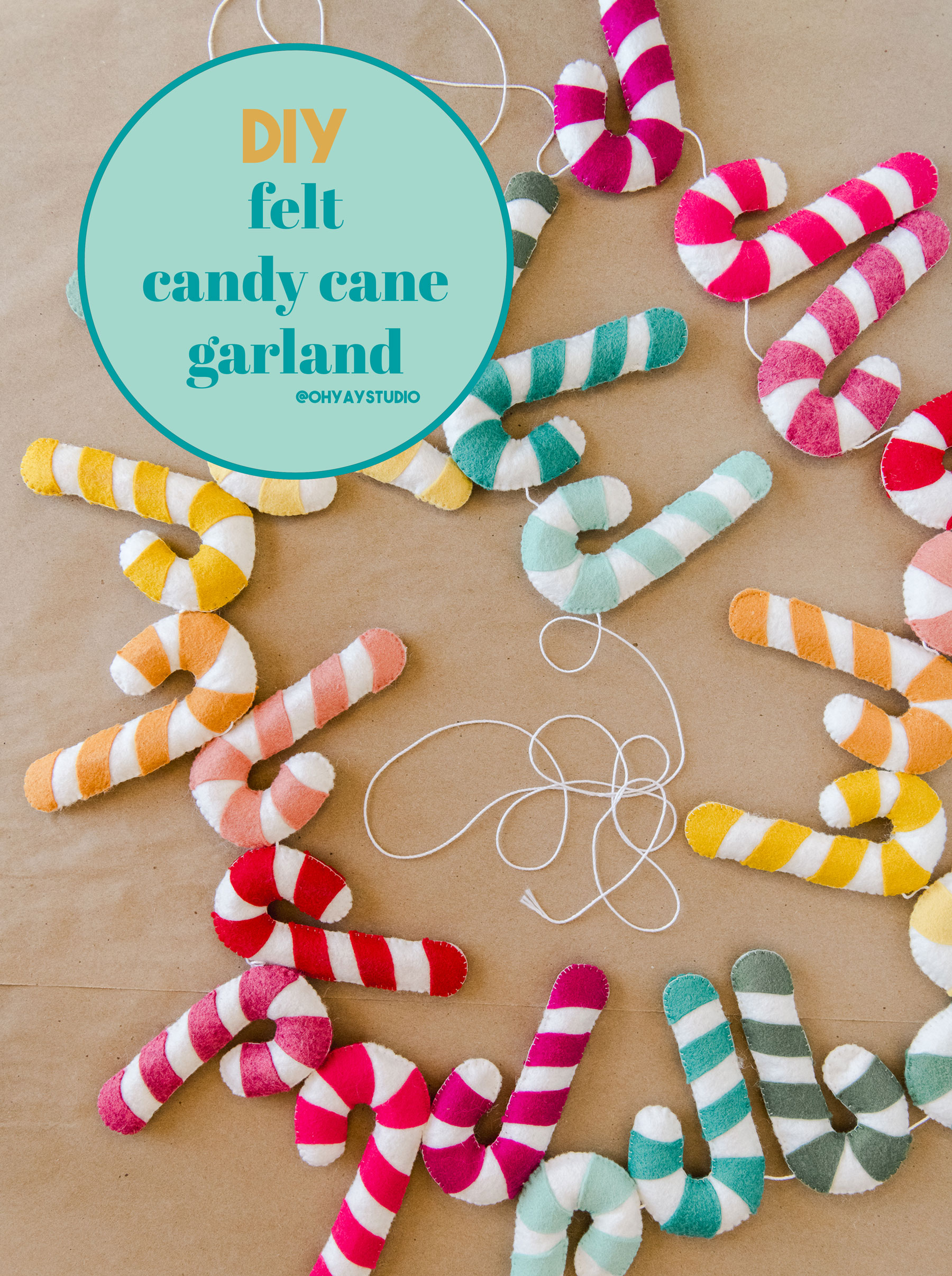 Felt christmas garland DIY, felt candy cane garland DIY, candy cane garland, how to make a felt garland, colorful christmas decor, handmade christmas decor