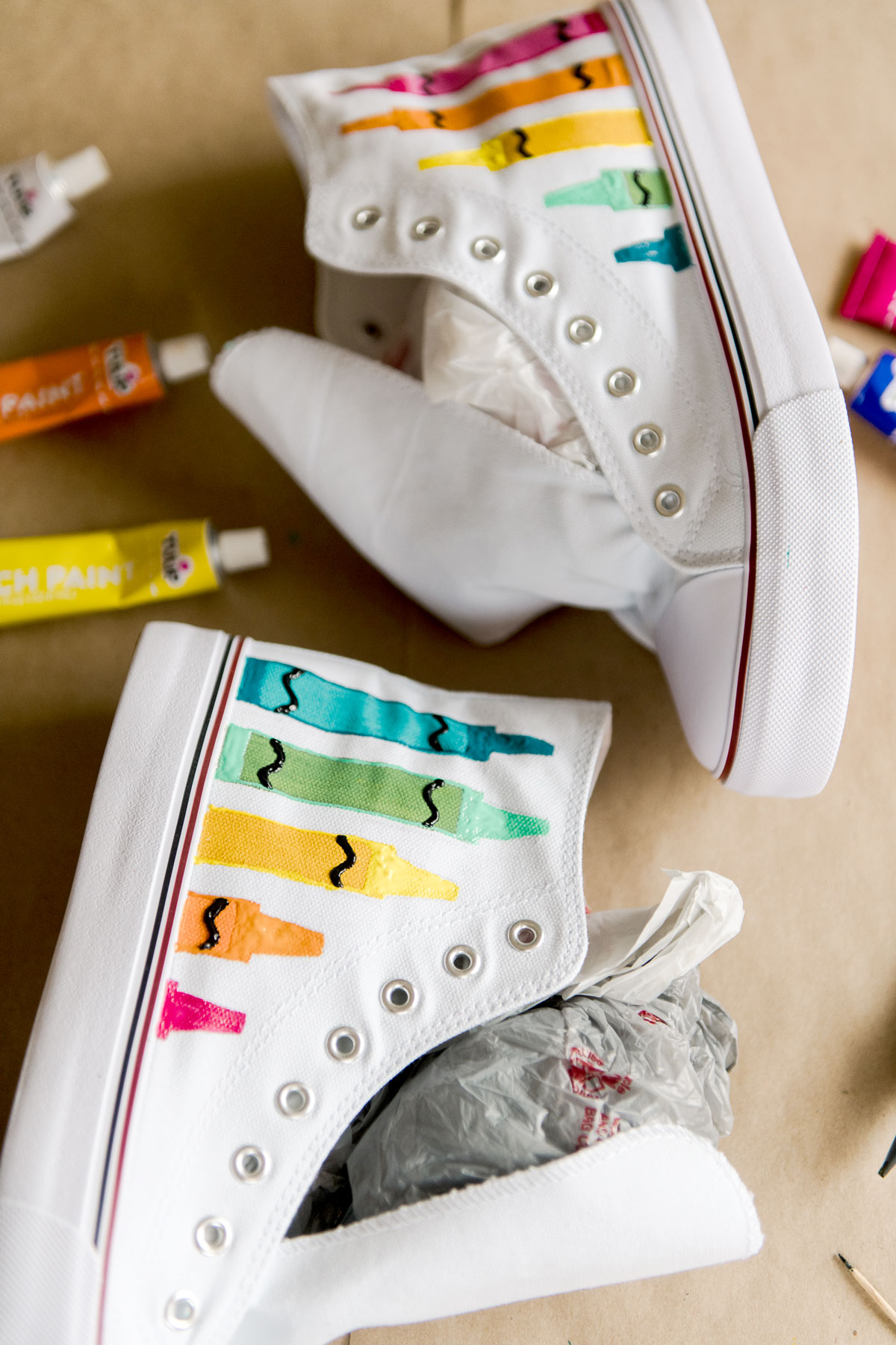 Crayon shoes, Painted crayon shoes, painted teacher shoes, back to school shoe DIY, painted back to school shoes, oh yay studio painting
