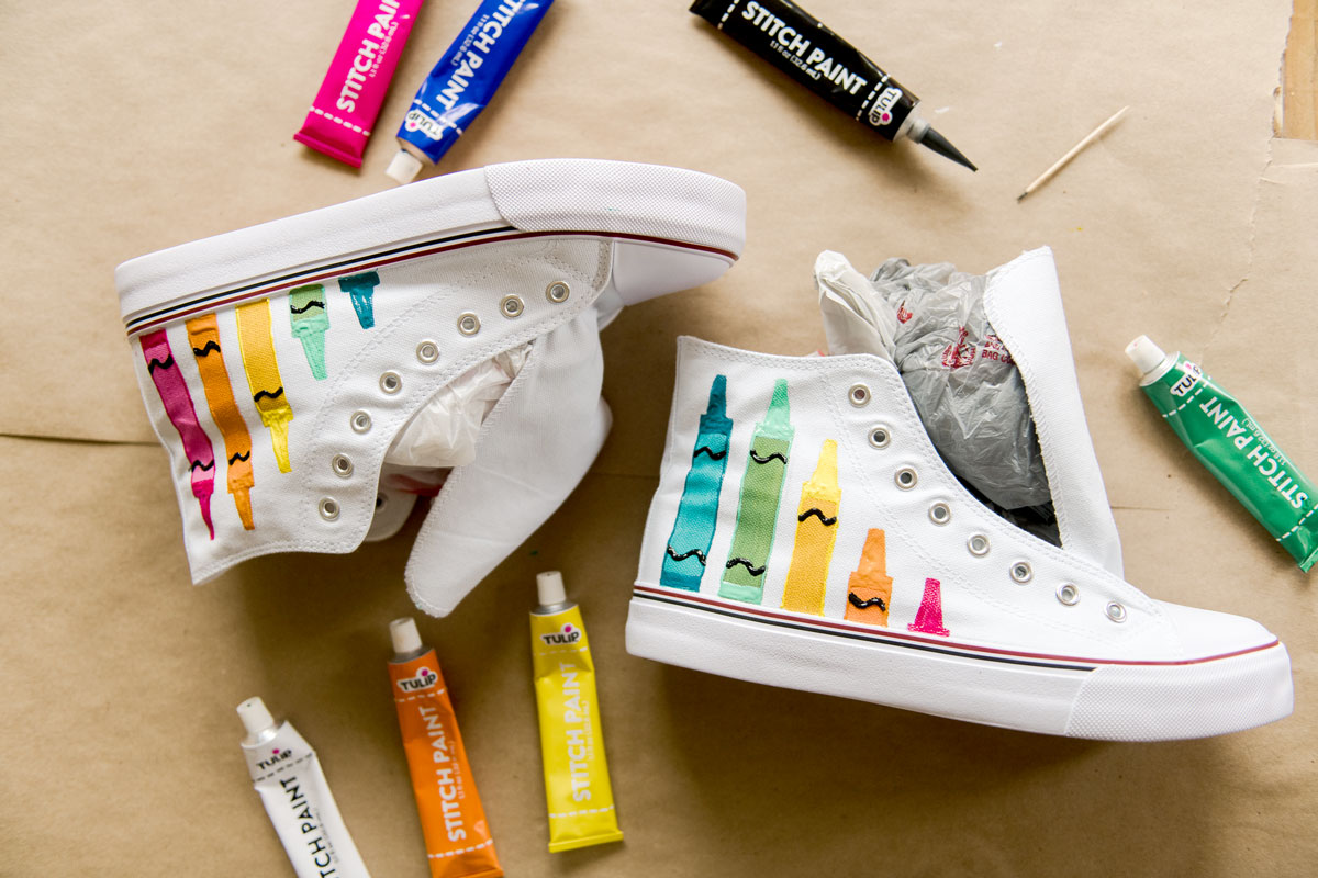 Crayon shoes, Painted crayon shoes, painted teacher shoes, back to school shoe DIY, painted back to school shoes, oh yay studio painting