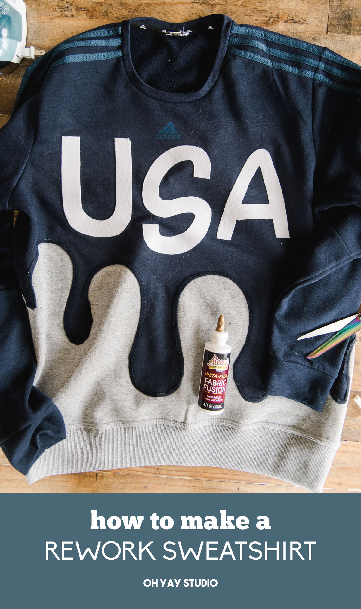 how to make a rework sweatshirt, no sew rework sweatshirt, usa patriotic sweatshirt, sewing sweatshirt, sewing project