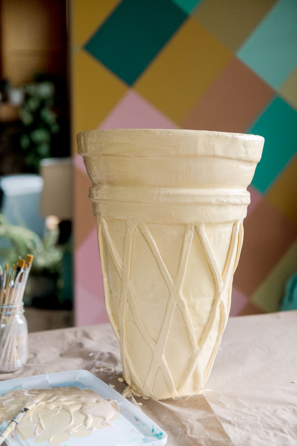 Ice cream cone planter DIY, Homemade planter DIY, how to make an ice cream cone planter, air dry clay planter DIY