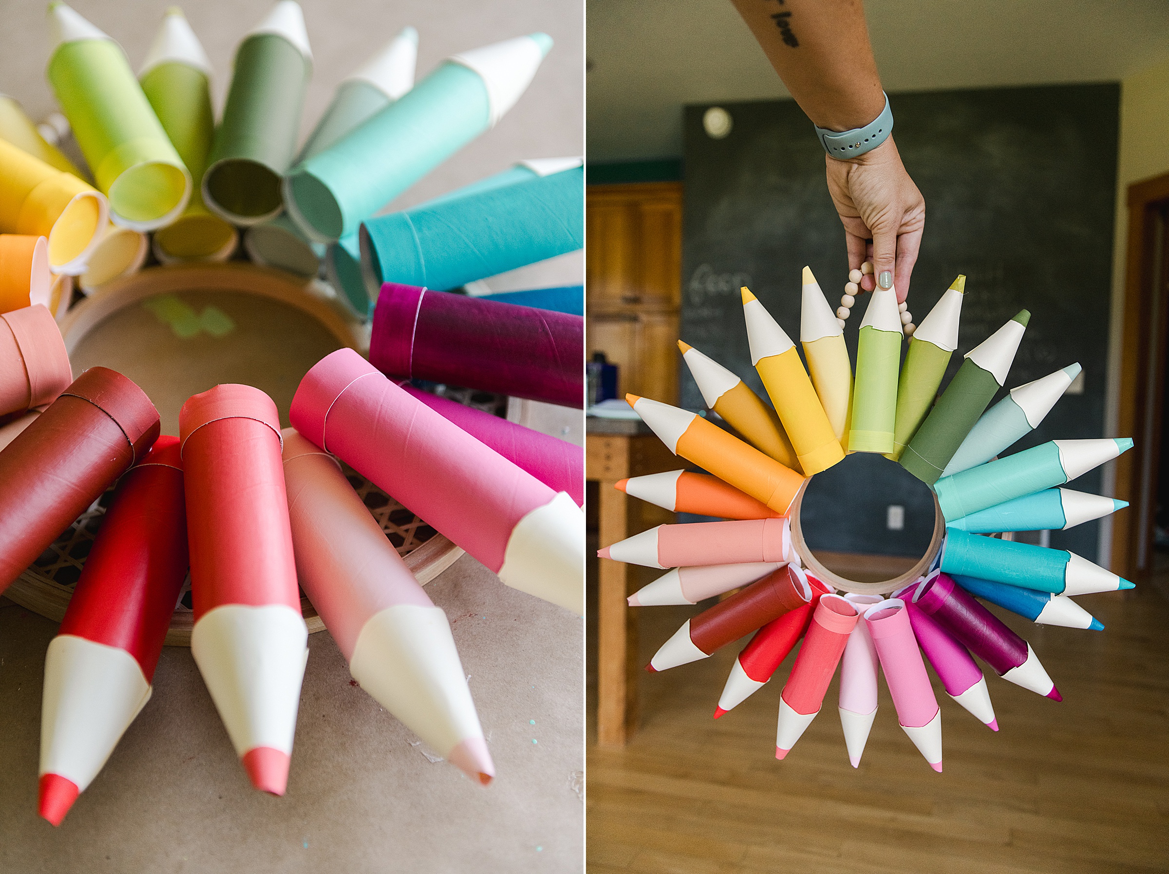 DIY art room wreath, colored pencil wreath, toilet paper tube wreath, toilet paper tube, colored pencil wreath, art teacher decor, art teacher wreath, art teacher