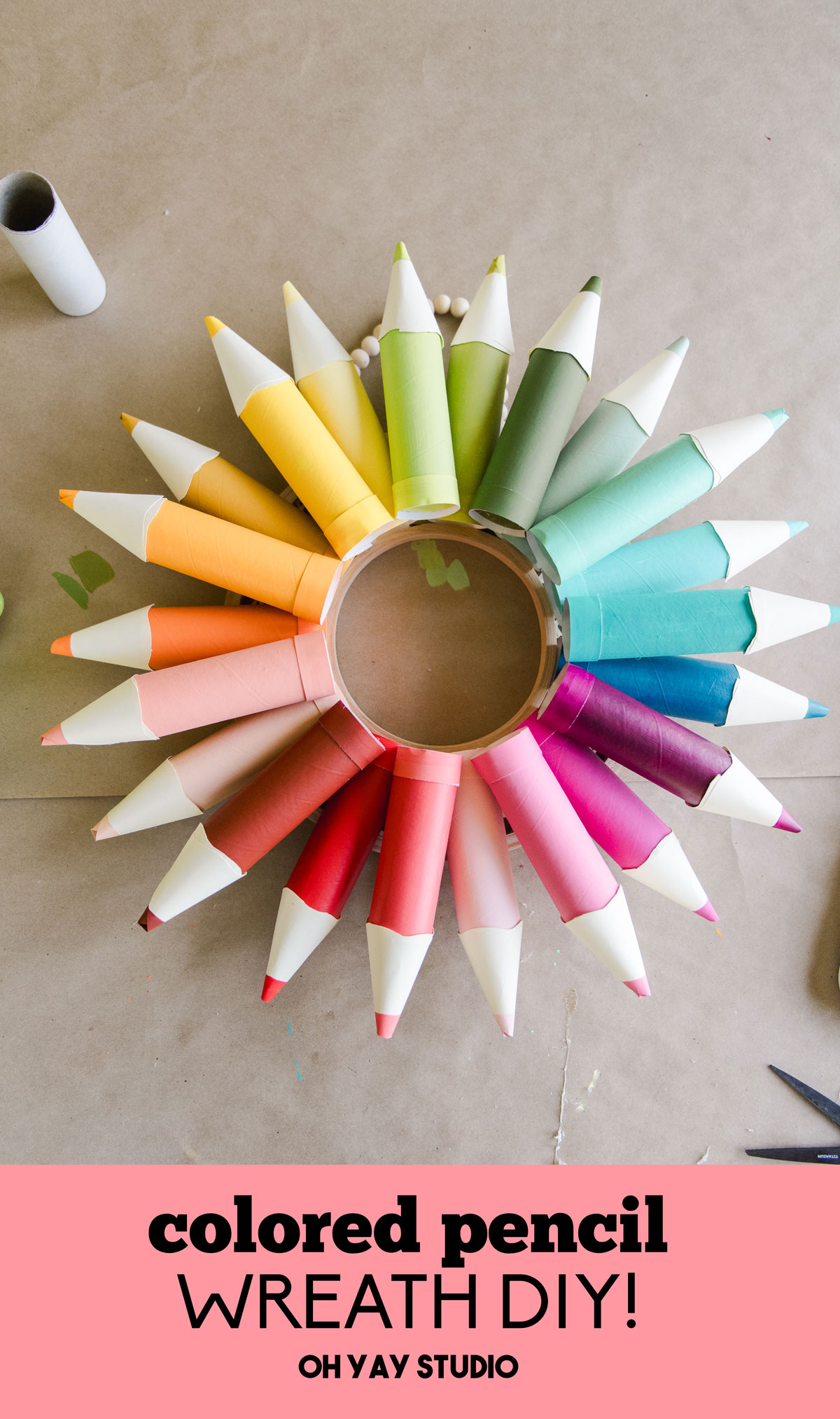 DIY art room wreath, colored pencil wreath, toilet paper tube wreath, toilet paper tube, colored pencil wreath, art teacher decor, art teacher wreath, art teacher